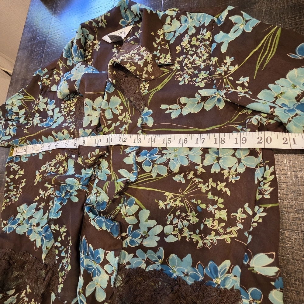 Allison Taylor Floral Ruffle Brown and Blue Women's Top - Picture 4 of 7